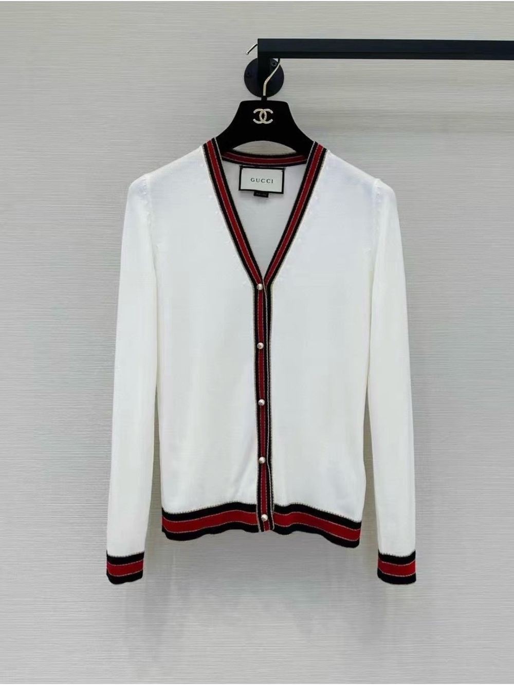 Gucci White Cardigan with Red and Black Trim